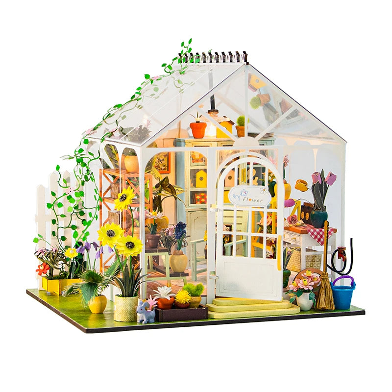 M2421 Sunshine Flower DIY Dollhouse Miniature Kit Garden House Miniature Greenhouse Diorama Scenery