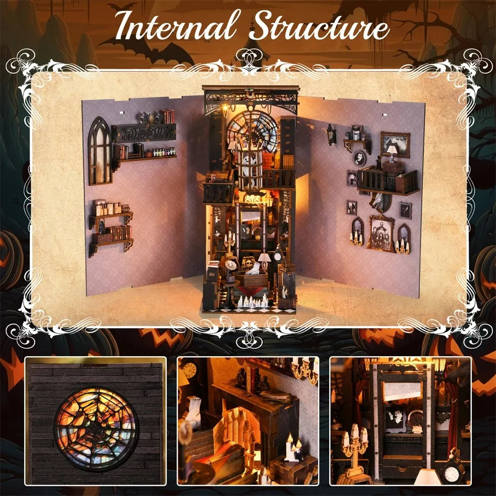 SL04 Dark Family DIY Book Nook Kit Halloween Miniature Decor Wednesday The Addams Family Miniature Bookshelf Insert
