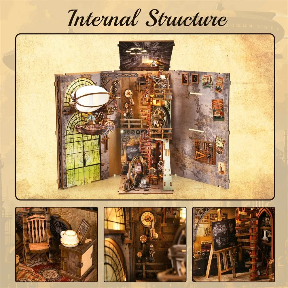 YM05 Uncle Peter Workshop DIY Book Nook Kit Hot Air Balloon Airship Miniature Blimp Mechanical Miniature Bookshelf Decor Kits
