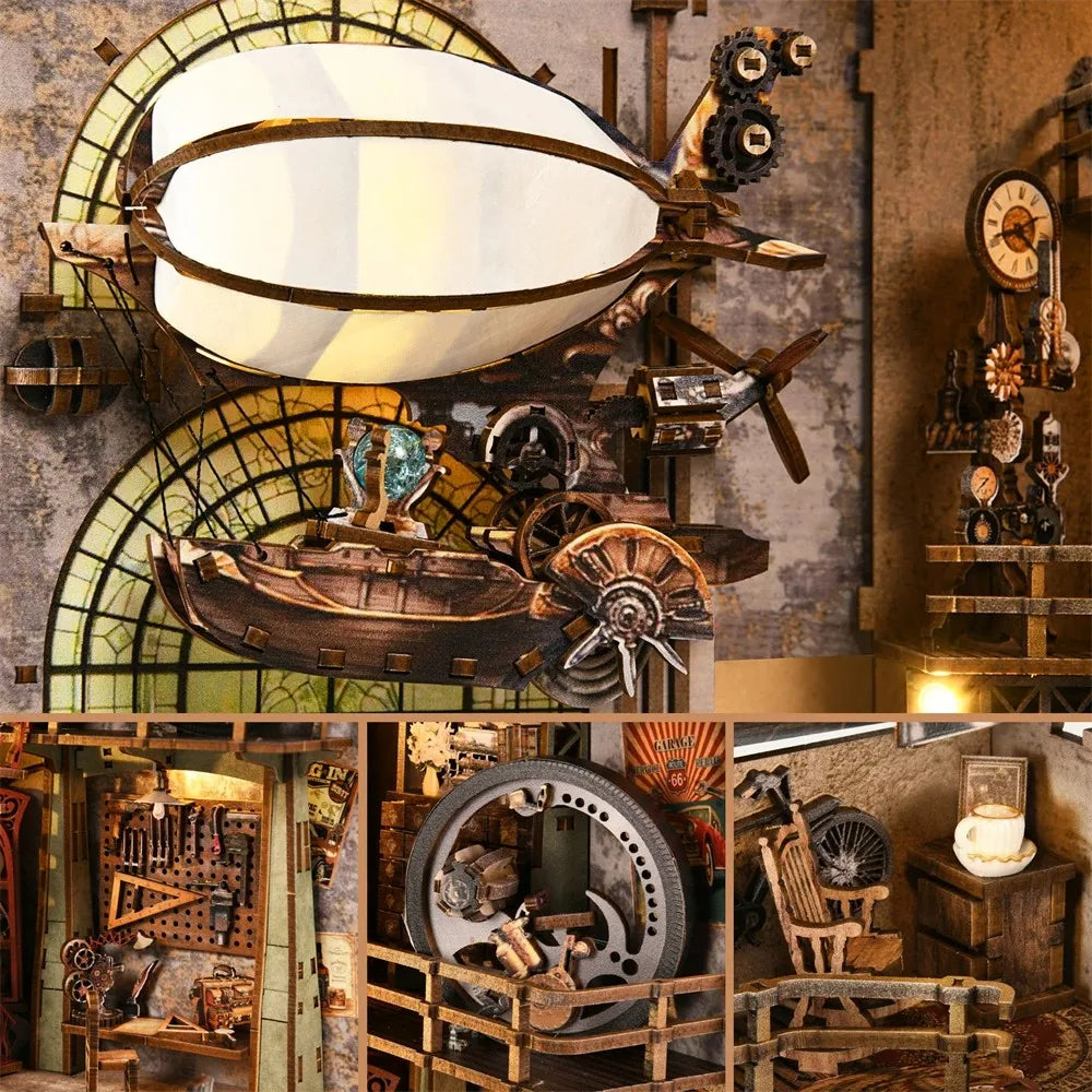 YM05 Uncle Peter Workshop DIY Book Nook Kit Hot Air Balloon Airship Miniature Blimp Mechanical Miniature Bookshelf Decor Kits