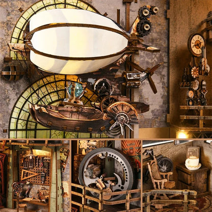 YM05 Uncle Peter Workshop DIY Book Nook Kit Hot Air Balloon Airship Miniature Blimp Mechanical Miniature Bookshelf Decor Kits