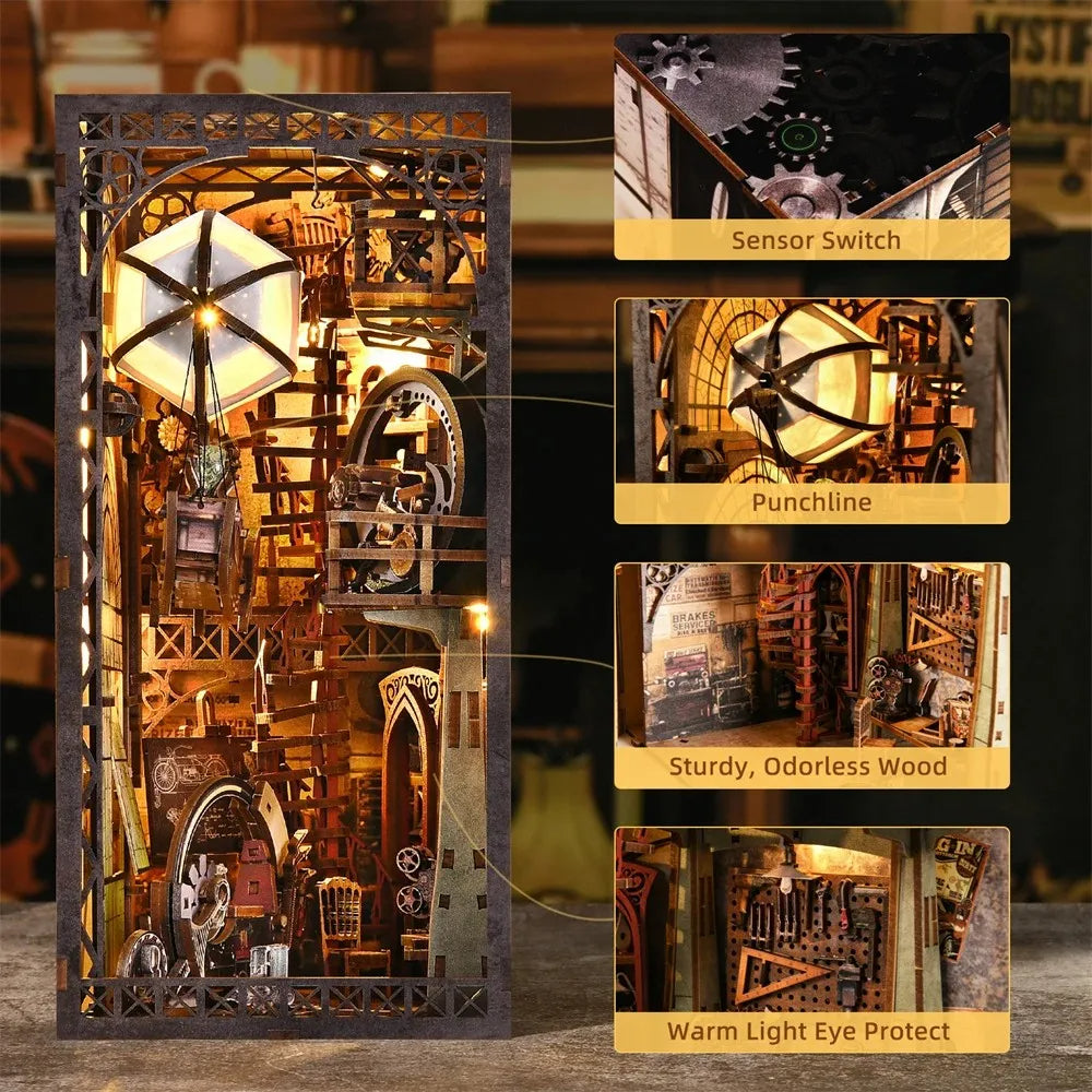 YM05 Uncle Peter Workshop DIY Book Nook Kit Hot Air Balloon Airship Miniature Blimp Mechanical Miniature Bookshelf Decor Kits