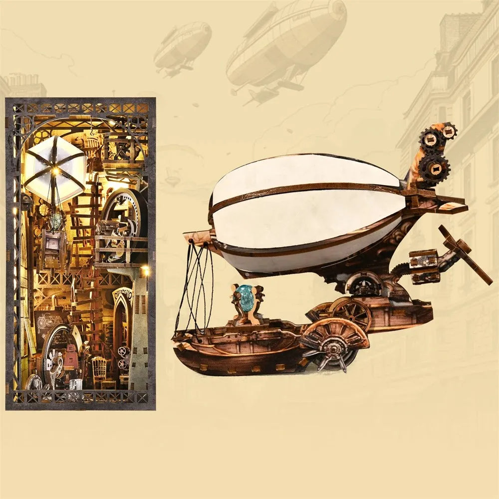 YM05 Uncle Peter Workshop DIY Book Nook Kit Hot Air Balloon Airship Miniature Blimp Mechanical Miniature Bookshelf Decor Kits