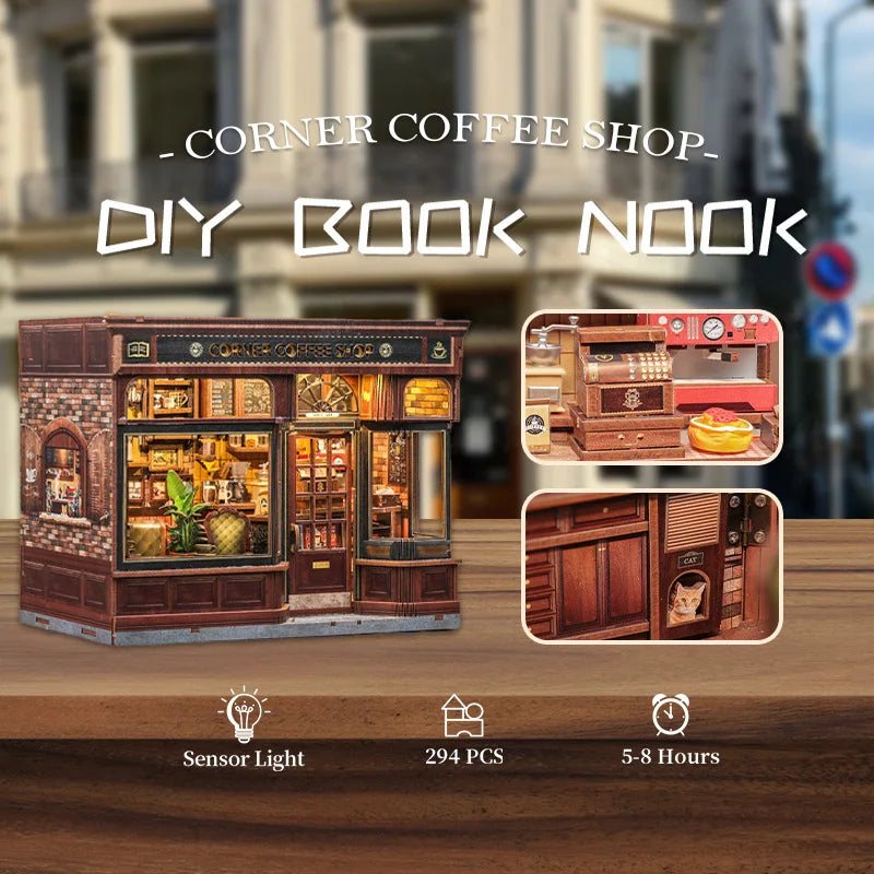 CWGB402 CORNER COFFEE SHOP DIY Dollhouse Miniature Kit Miniature Coffee Shop Restaurant Miniature Diorama Scenery