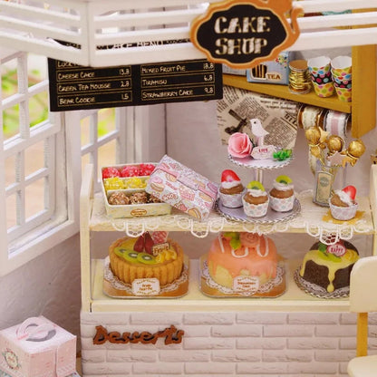 H014 DIY Dollhouse Kit Cake Shop Miniature Bakery Dessert Store Cat Cafe Diorama