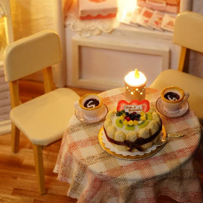 H014 DIY Dollhouse Kit Cake Shop Miniature Bakery Dessert Store Cat Cafe Diorama