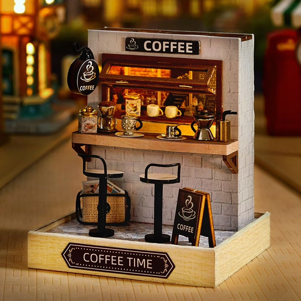 QT048 Coffee Time DIY Dollhouse Kit Miniature House Coffee Shop 3D Wooden Puzzles