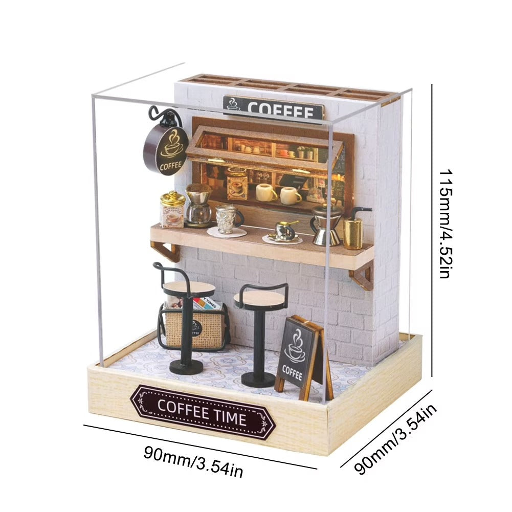 QT048 Coffee Time DIY Dollhouse Kit Miniature House Coffee Shop 3D Wooden Puzzles