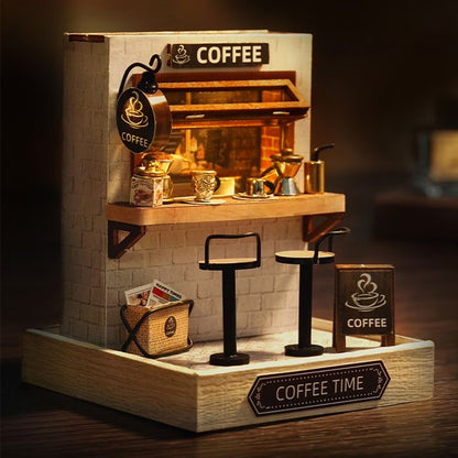 QT048 Coffee Time DIY Dollhouse Kit Miniature House Coffee Shop 3D Wooden Puzzles