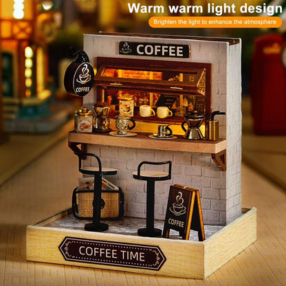 QT048 Coffee Time DIY Dollhouse Kit Miniature House Coffee Shop 3D Wooden Puzzles