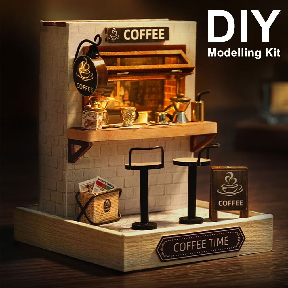 QT048 Coffee Time DIY Dollhouse Kit Miniature House Coffee Shop 3D Wooden Puzzles