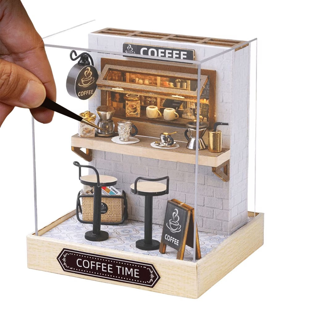 QT048 Coffee Time DIY Dollhouse Kit Miniature House Coffee Shop 3D Wooden Puzzles