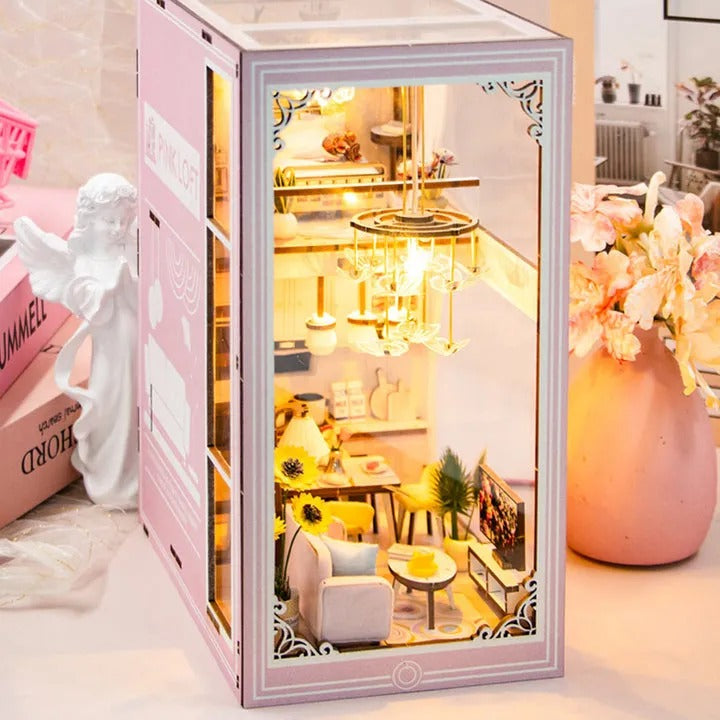 M2413 Pink Loft DIY Book Nook Kit Duplex Apartment Miniature Scenery Diorama Luxury Life Story Decor