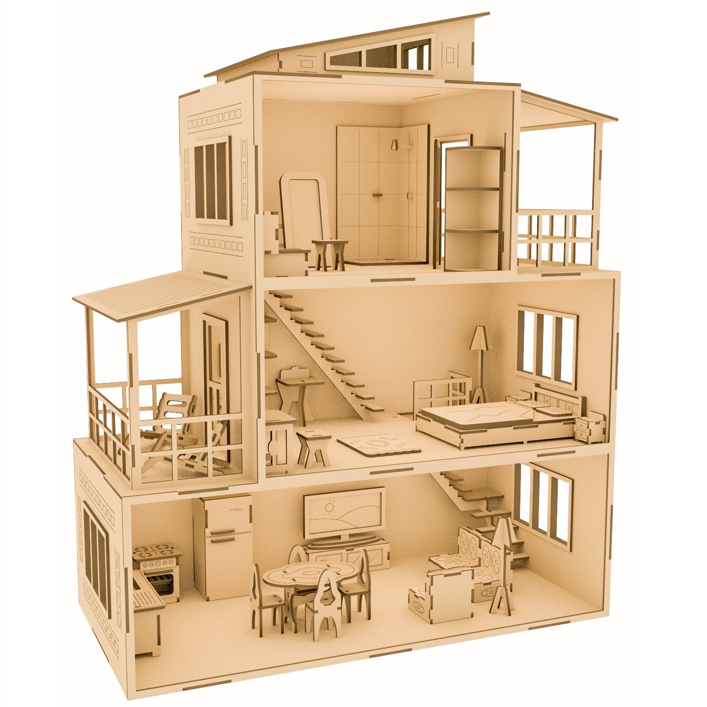 RCD001 Three Story Miniature Dollhouse Large Wooden Dollhouse Three Floor Building House