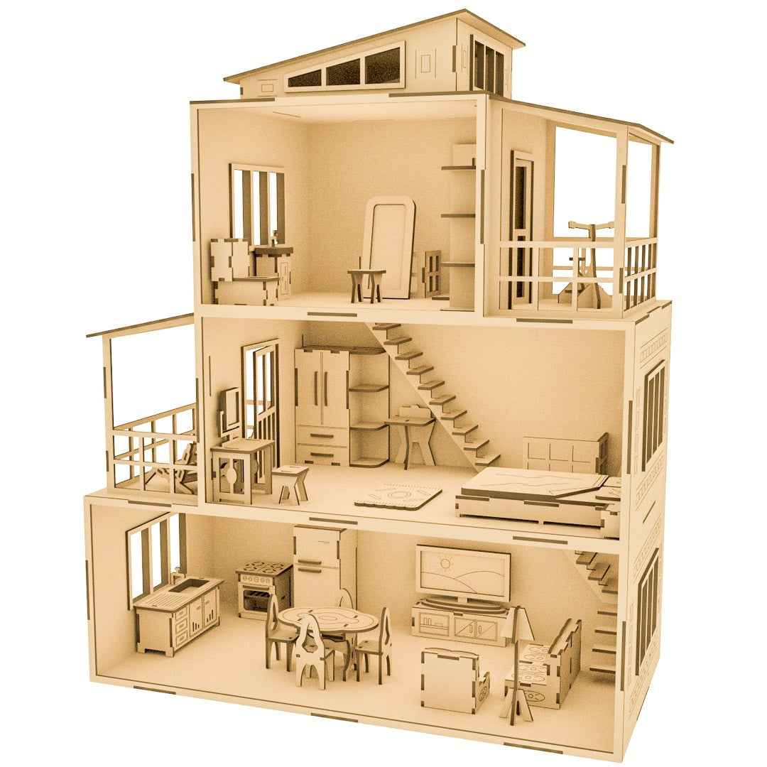 RCD001 Three Story Miniature Dollhouse Large Wooden Dollhouse Three Floor Building House