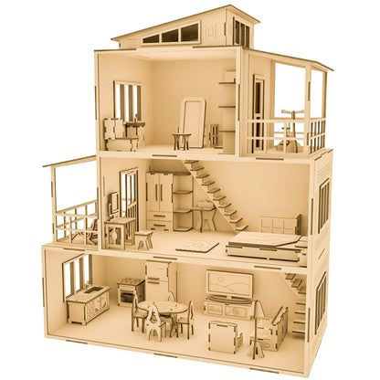 RCD001 Three Story Miniature Dollhouse Large Wooden Dollhouse Three Floor Building House